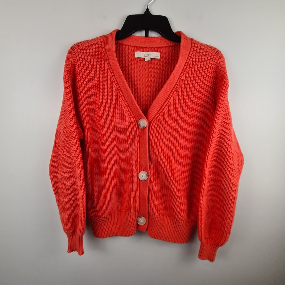 LOFT Petites XXSP Coral Orange Cotton Shaker Knit V-Neck Button Cardigan Sweater